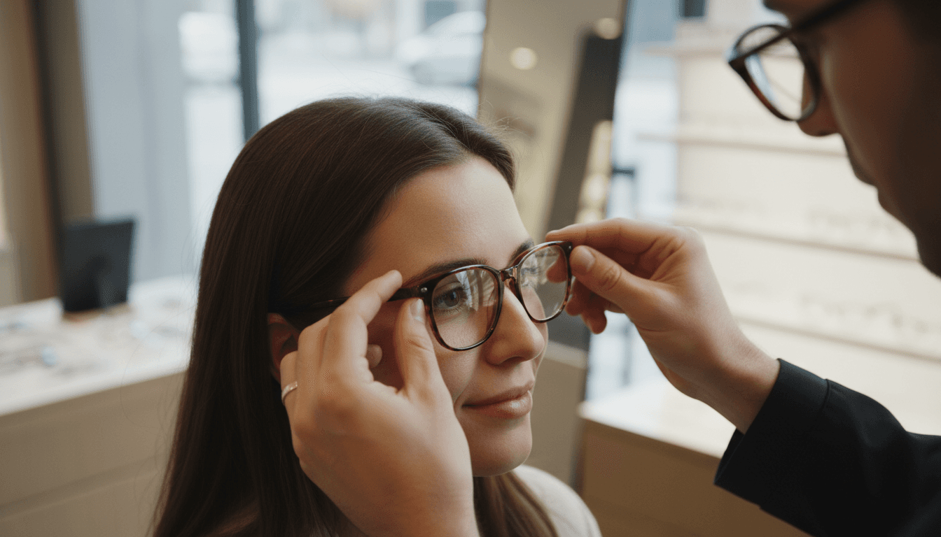 Optician carefully fitting eyeglasses on a customer in a For Eyes store