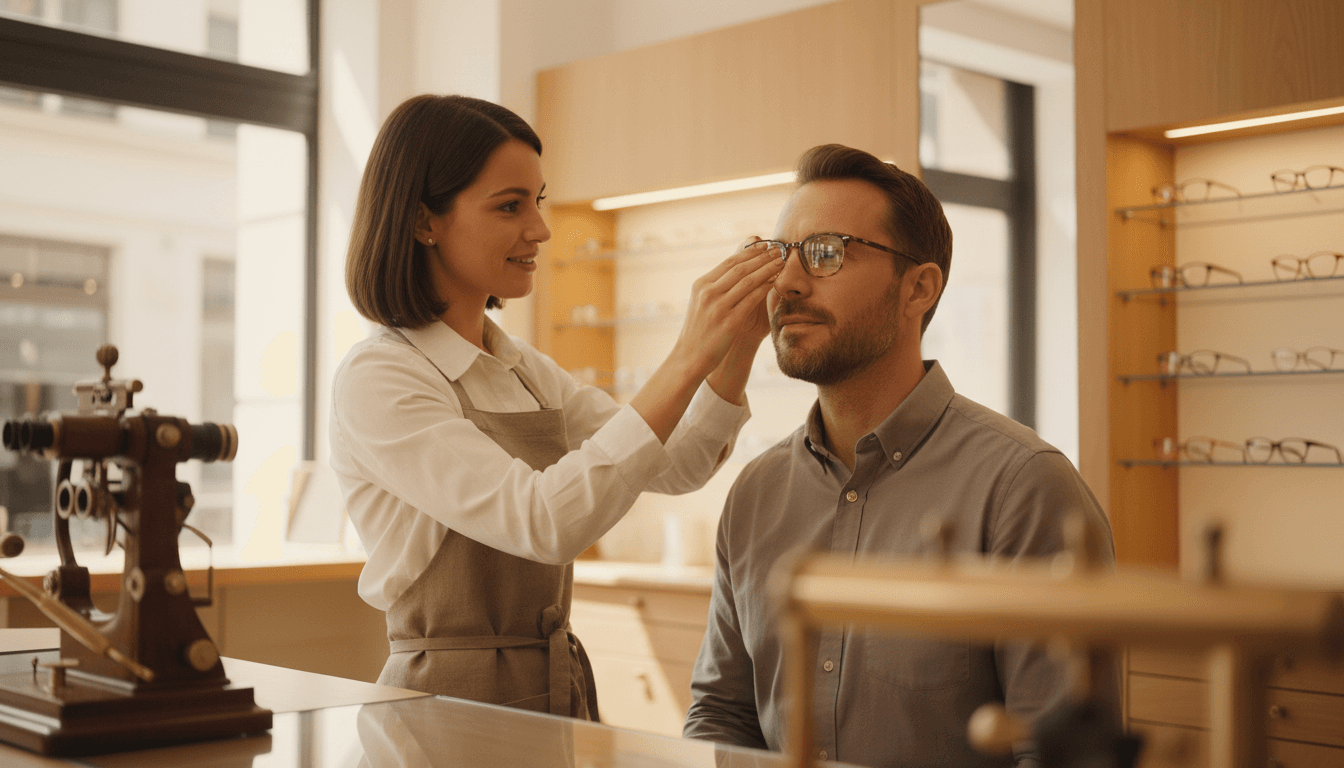 Optometrist carefully adjusting eyeglasses on a customer's face in a bright For Eyes optical shop