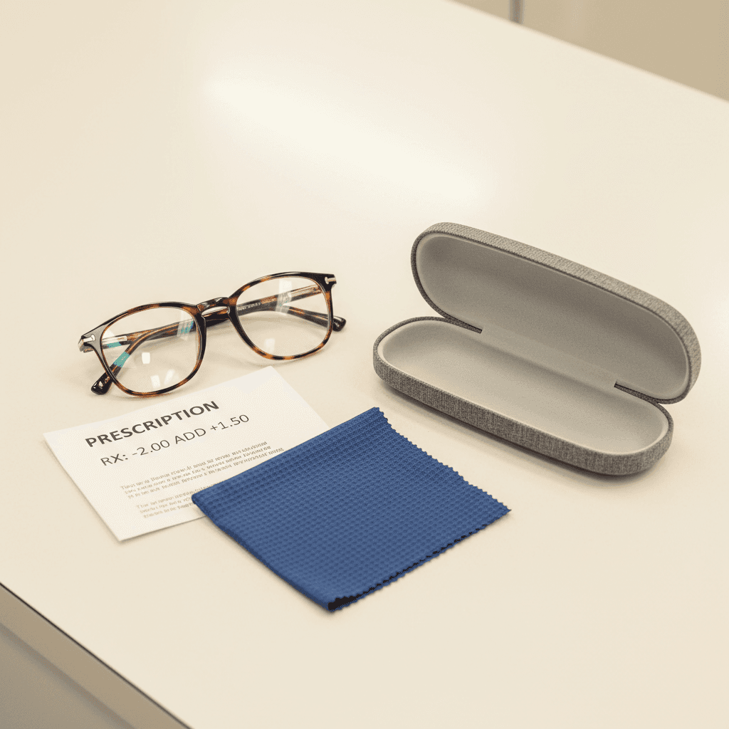 Completed prescription eyeglasses ready for customer pickup