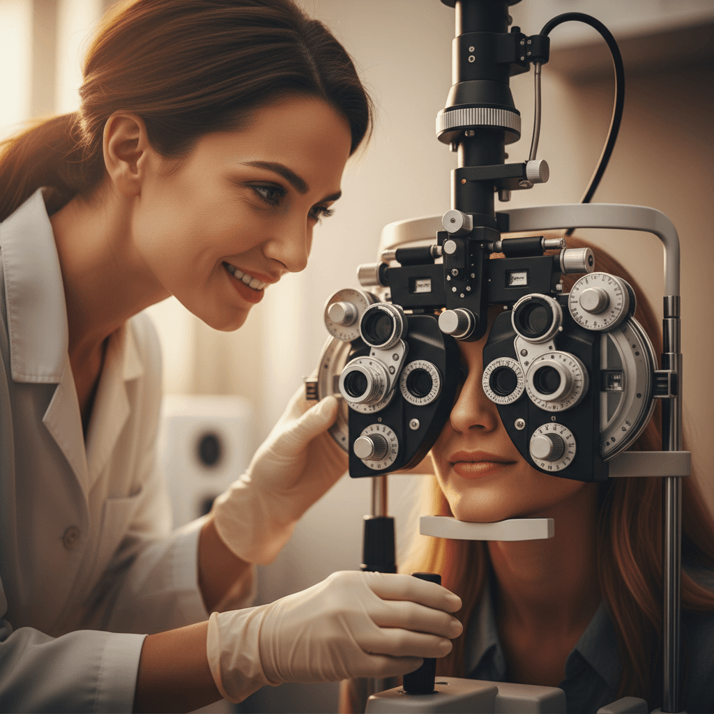 Optometrist performing comprehensive eye exam with phoropter