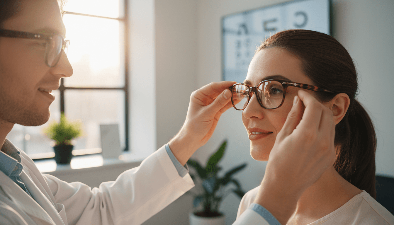 Optometrist carefully adjusting frames on a customer during an eye exam