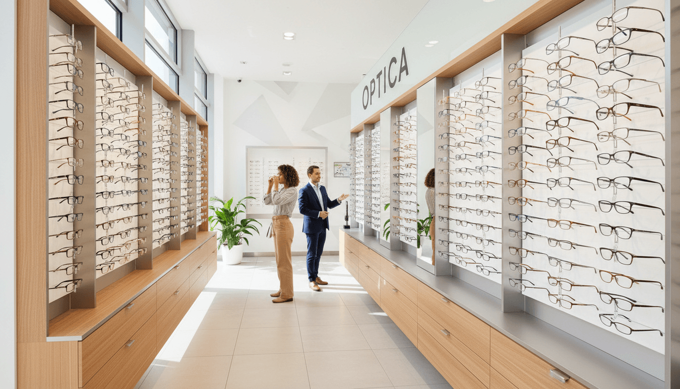 Customer browsing eyewear display wall